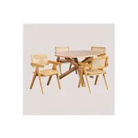 ensemble de table à manger ronde en mdf et bois (ø120 cm) mieren et 4 chaises avec accoudoirs en bois style lali bois naturel cm