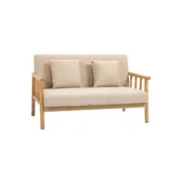 canapé droit homcom canapé lounge 2 places - 2 coussins inclus - assise profonde - accoudoirs - structure bois hévéa - aspect lin beige