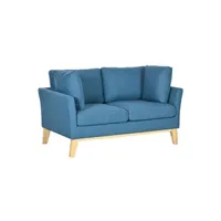 canapé droit homcom canapé 2 places style scandinave piètement effilé incliné bois hévéa tissu aspect lin bleu