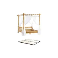 lit 2 places vente-unique.com lit à baldaquin avec voilage 160 x 200 cm - bambou - naturel + sommier - malindi