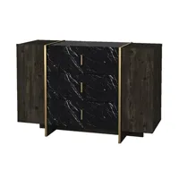 commode vente-unique.com commode 3 tiroirs et 2 portes - effet marbre noir, naturel foncé et doré - cadeba