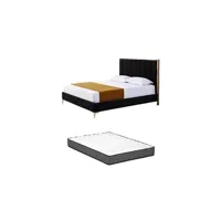 lit 2 places vente-unique.com lit 160 x 200 cm avec tête de lit coutures verticales - velours - noir et doré + matelas - clarisse