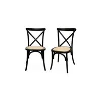lot de 2 chaises de bistrot en bois d'hévéa noir vintage assise en rotin empilables