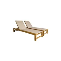 chaise longue - transat sweeek lot de 2 bains de soleil en bois d'acacia et textilène beige multi positions avec roulettes