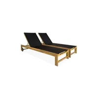chaise longue - transat sweeek lot de 2 bains de soleil en bois d'acacia et textilène noir multi positions avec roulettes