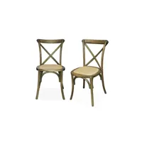 lot de 2 chaises de bistrot en bois d'hévéa marron vieilli vintage assise en rotin empilables