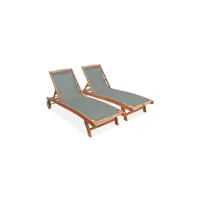 chaise longue - transat sweeek bains de soleil en bois - 2 transats en bois d'eucalyptus huilé et textilène savane