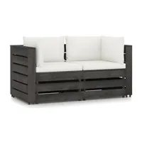 canapé de jardin meuble extérieur 2 places avec coussins bois imprégné de gris 02_0013213
