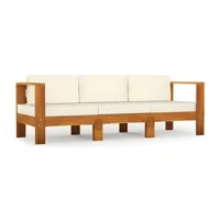 canapé de jardin meuble extérieur 3 places et coussins blanc crème bois d'acacia 02_0013232