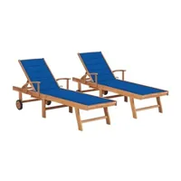 chaise longue - transat vente-unique.com lot de 2 transats chaise longue bain de soleil lit de jardin terrasse meuble d'extérieur avec coussin bleu royal teck solide 02_0012028