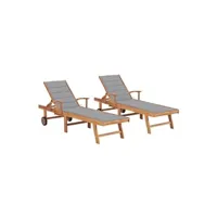 chaise longue - transat vente-unique.com lot de 2 transats chaise longue bain de soleil lit de jardin terrasse meuble d'extérieur avec coussin gris bois de teck solide 02_0012032