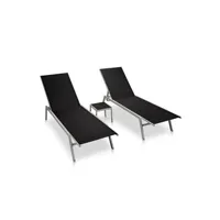 chaise longue - transat vente-unique.com lot de 2 transats chaise longue bain de soleil lit de jardin terrasse meuble d'extérieur avec table acier et textilène noir 02_0012072