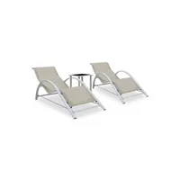 chaise longue - transat vente-unique.com lot de 2 transats chaise longue bain de soleil lit de jardin terrasse meuble d'extérieur avec table aluminium crème 02_0012073