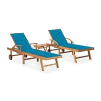 chaise longue - transat vente-unique.com lot de 2 transats chaise longue bain de soleil lit de jardin terrasse meuble d'extérieur avec table et coussin bois de teck solide 02_0012085