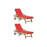 lot de 2 transats chaise longue bain de soleil lit de jardin terrasse meuble d'extérieur avec coussins bois de teck solide rouge 02_0012155