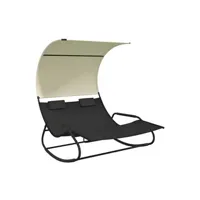 transat chaise longue bain de soleil lit de jardin terrasse meuble d'extérieur double à bascule avec auvent noir et crème 02_0012766