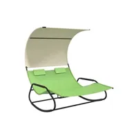 transat chaise longue bain de soleil lit de jardin terrasse meuble d'extérieur double à bascule avec auvent vert et crème 02_0012767