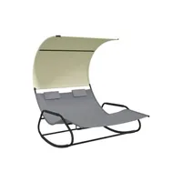transat chaise longue bain de soleil lit de jardin terrasse meuble d'extérieur double à bascule avec auvent gris et crème 02_0012765