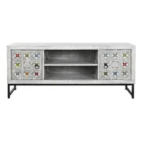 meubles tv pegane meuble tv en bois de manguier coloris gris et céramique -longueur 130 x profondeur 40 x hauteur 56 cm --