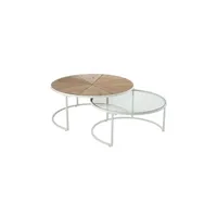 table basse maison et styles lot de 2 tables gigognes 91 et 71 cm en sapin, verre et métal blanc