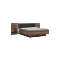 lit 2 places meubletmoi lit double 160 x 200 décor chêne foncé et noir avec led - riviera