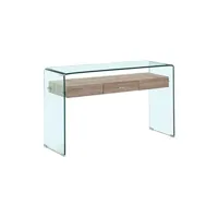 table basse meubletmoi console l125 cm en verre trempé avec tiroir décor chêne - ice