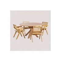 set de table de salle à manger ronde en mdf (ø140 cm) pleven et 4 chaises avec accoudoirs en bois lali style bois naturel cm