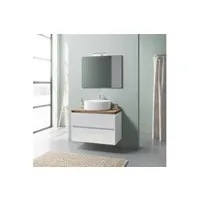 armoire de salle de bains suspendue de 80 cm, blanc brillant, plan en chêne naturel, lavabo, miroir 80x60