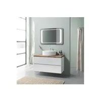 meuble de salle de bain kiamami valentina armoire de salle de bains suspendue blanche brillante avec plan de travail en chêne de 100 cm, lavabo à poser et miroir led
