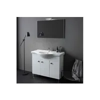armoire de salle de bains de 105 cm à poser, 3 portes, blanc brillant, miroir et lampe smeraldo