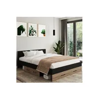lit double minea 140 x 190 cm avec tête de lit + tiroirs + niches de rangement et sommier hêtre et noir