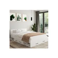 lit double minea 140 x 190 cm avec tête de lit + tiroirs + niches de rangement et sommier blanc