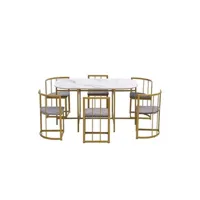 ensemble table et chaises generique table de salle à manger avec six chaises avec dossiers, effet marbre et cadre en fer doré