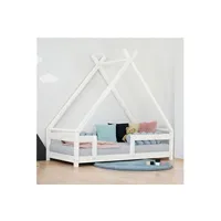 lit tipi enfant avec barrière bois massif blanc 120 x 180 cm