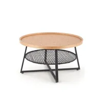 table basse mso table basse ronde 80cm plateau aspect chêne naturel et étagère en rotin synthétique noir wodan
