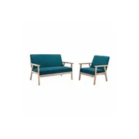 canapé droit sweeek banquette et fauteuil scandinave en bois et tissu bleu pétrole l 114 x l 695 x h 73cm