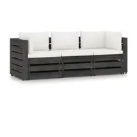 canapé de jardin meuble extérieur 3 places avec coussins bois imprégné de gris 02_0013225