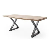 table à manger pegane table de salle à manger rectangulaire en bois d'acacia coloris naturel, pieds croisés en métal anthracite antique - l. 180 x h. 77 x p. 100 cm - -