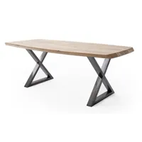 table à manger pegane table de salle à manger rectangulaire en bois d'acacia coloris naturel, pieds croisés en métal anthracite antique - l. 200 x h. 77 x p. 100 cm - -