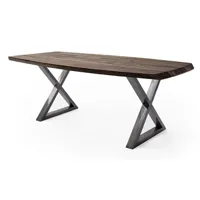 table à manger pegane table de salle à manger rectangulaire en bois d'acacia coloris noyer, pieds croisés en métal anthracite antique - l. 200 x h. 77 x p. 100 cm - -