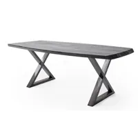 table à manger pegane table de salle à manger rectangulaire en bois d'acacia coloris gris, pieds croisés en métal anthracite antique - l. 220 x h. 77 x p. 100 cm - -