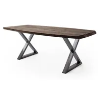 table à manger pegane table de salle à manger rectangulaire en bois d'acacia coloris noyer, pieds croisés en métal anthracite antique - l. 180 x h. 77 x p. 100 cm - -