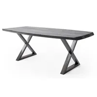 table à manger pegane table de salle à manger rectangulaire en bois d'acacia coloris gris, pieds croisés en métal anthracite antique - l. 200 x h. 77 x p. 100 cm - -