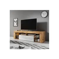 meubles tv maison et styles meuble tv 1 porte 140x35x50 cm chêne et blanc avec led - puebla
