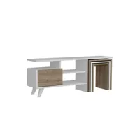 meubles tv toilinux - meuble tv avec 3 niches de rangement 1 porte abattante et 3 tables d'appoint encastrable en panneaux de particules - beige et blanc