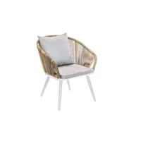 lot de 4 fauteuil de jardin en résine tressée structure alu blanc avec coussin chiné gris et beige maldives