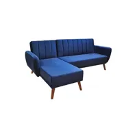 canapé d'angle meubletmoi canapé angle gauche convertible velours bleu et piètement bois - ursule
