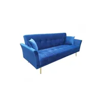 banquette-lit meubletmoi canapé 3 places convertible en velours bleu et pieds doré - ralph