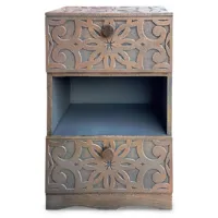 table de chevet orientale bois sculpté 2 tiroirs monboly cuivre