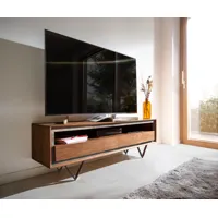 meuble-tv stonegrace 145 cm acacia marron plaqué pierre 2 tiroirs 1 compartiment pied en v noir